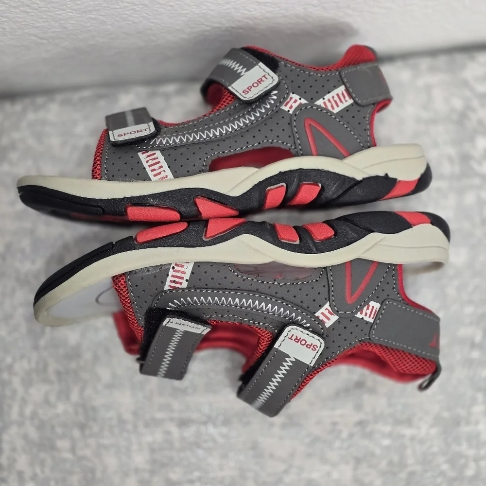 Red and Gray Sandals with Velcro Straps and Cushioned Footbed